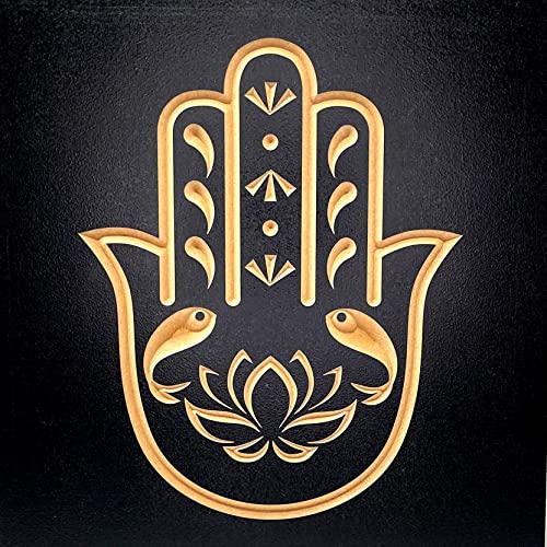 Hamsa Hand Lotus Flower Wall Decor - 12 x 12 inches - Pooja Room Decoration - Lotus Wall Hanging - Indian Decor for Spiritual Space - Carved Hamsa Hand Black Wood Wall Art | True Stock Studios