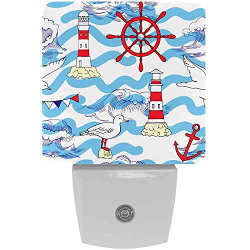 2 Pack Plug-in Nightlight LED Night Light Seagull Lighthouse Wheel Wave Sea Ocean Pattern, Dusk-to-Dawn Sensor for Kid's Room Bathroom, Nursery, Kitchen, Hallway