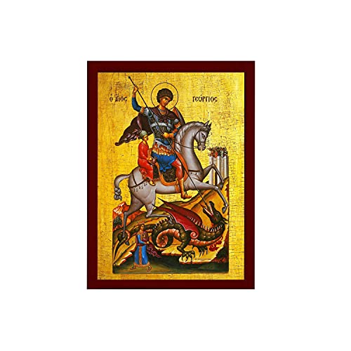 Saint George icon, Handmade Greek Orthodox icon of St George, Byzantine art wall hanging icon wood plaque, religious decor