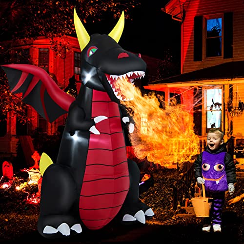 COSTWAY 8 FT Halloween Inflatable Fire Dragon Giant Blow up Decoration with LED Lights