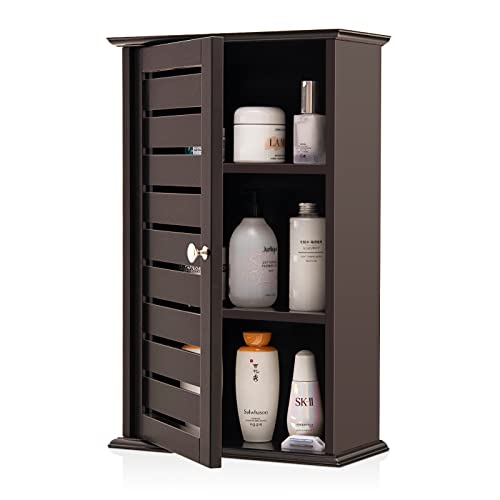 COSTWAY Wall Mounted Bathroom Cabinet, Wooden Storage Cabinet with 2 Adjustable Shelves and Reversible Door, Versatile Hanging Medicine Cabinet for Living Room, Kitchen, Entryway (Brown)