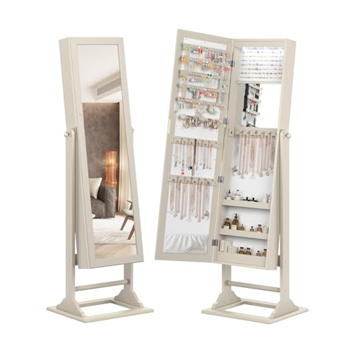 COSTWAY 6 LED Mirror Jewelry Cabinet, Freestanding Jewelry Organizer Box with Full-Length Mirror & Inner Makeup Mirror, Large Storage Lockable Jewelry Armoire for Bedroom Women Girls (Beige)