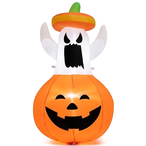 COSTWAY 4FT Halloween Inflatable Decoration Blow-up Ghost w/Hat & Pumpkin Lantern