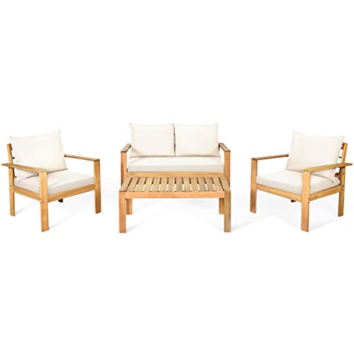 COSTWAY 4 Piece Wooden Furniture Set, Outdoor Conversation with 2 Single Sofa Chair, 1 Loveseat, 1 Coffee Table, Soft Seat & Back Cushions, All Weather Table & Chairs for Garden, Patio, Poolside