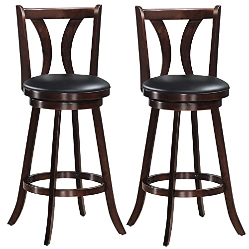 COSTWAY Bar Stools Set of 2, 360-Degree Swivel Stools with Leather Padded Seat, Single Slat Back & Solid Rubber Wood Legs, Counter Height Stools for Pub, Restaurant, Kitchen, Brown (2, 29inch)