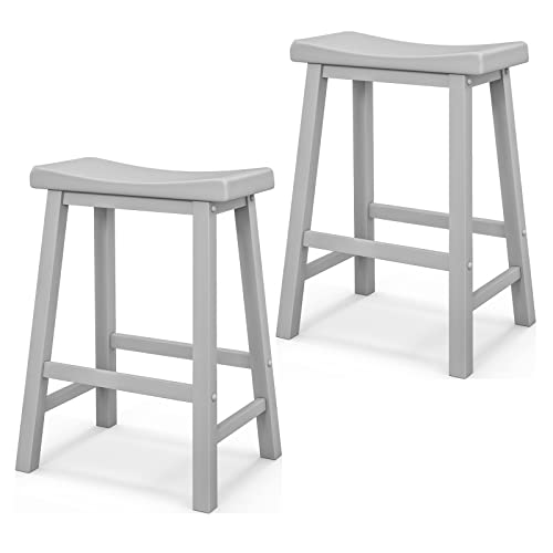 COSTWAY Saddle Stools Set of 2, 24-inch Counter Height Barstools with Solid Wood Legs & Footrests, Modern Backless Stools with Saddle Seat for Kitchen Counter, Island, Home Bar, Grey