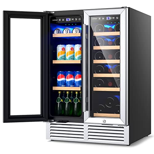 COSTWAY Wine and Beverage Refrigerator, 24 Inch Dual Zone Under Counter Wine Cooler w/Lock, 19 Bottles & 57 Cans Beverage Fridge Cooler, Built-In or Freestanding Beer Wine Fridge for Home Kitchen Bar