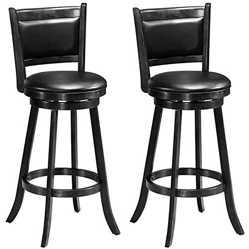 COSTWAY Bar Stools Set of 2, 360 Degree Swivel, Accent Wooden Swivel Back Bar Height Bar Stool, Fabric Upholstered Design, PVC Cushioned Seat (2 stools, Black 29'' Height)