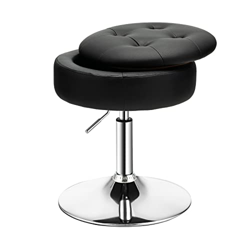 COSTWAY Counter Height Bar Stool, Tufted PU Leather 20"-26" H Adjustable Swivel Vanity Chair with Removable Tray Top and Storage Space, Modern Round Ottoman for Makeup Kitchen Island Shop, Black