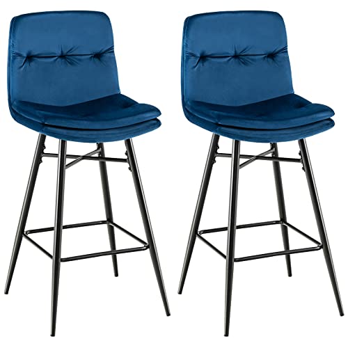 COSTWAY Bar Stools Set of 2, 28.5Ó Velvet Bar Height Chairs with Tufted Back, Metal Footrests and Legs, Modern Upholstered High Bar Chairs for Kitchen Counter, Home Bar, Kitchen Island (2, Blue)