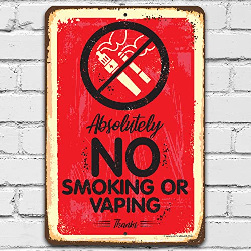 Absolutely No Vaping Or Smoking - No Smoking Signs for Business, Restriction Signage or Warning Sign for Bar and Restaurant, 12x18 Use Indoors or Outdoors Durable Rustic Metal Sign