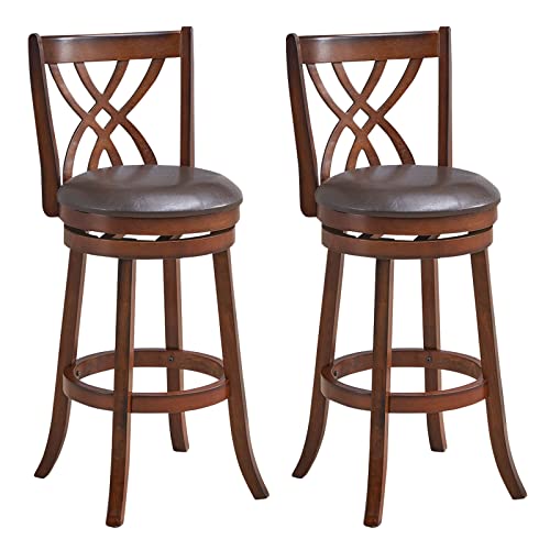 COSTWAY Bar Stools Set of 2, 360¡ Swivel Chairs with Rubber Wood Frame, 30-Inch PU Leather Cushioned Seat and Footrests, for Kitchen Island, Dining Room, Bar (Brown-30 inches, 2 stools)