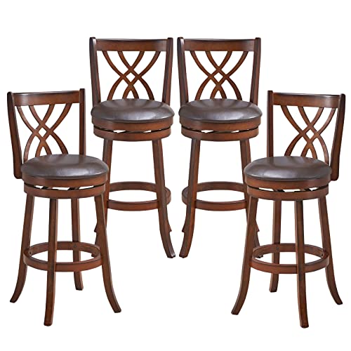 COSTWAY Bar Stools Set of 4, 360¡ Swivel Chairs with Rubber Wood Frame, 30-Inch PU Leather Cushioned Seat and Footrests, for Kitchen Island, Dining Room, Bar (Brown-30 inches, 4 stools)