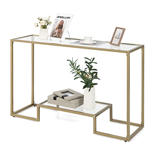 COSTWAY 48Ó 2-Tier Console Table, Modern Deluxe Entryway Table with Tempered Glass Tabletop & Golden Metal Frame, Multifunctional Narrow Sofa Table with Storage Shelf, for Hallway, Entrance