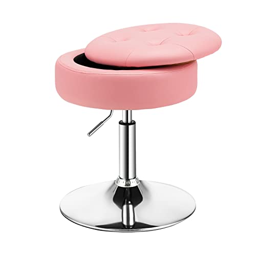 COSTWAY Counter Height Bar Stool, Tufted PU Leather 20"-26" H Adjustable Swivel Vanity Chair with Removable Tray Top and Storage Space, Modern Round Ottoman for Makeup Kitchen Island Shop, Pink