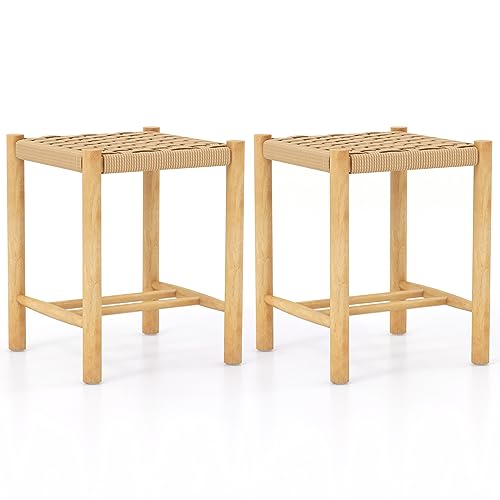 COSTWAY Patio Wooden Dining Stools Set of 2, 14-inch Wide Rustic Backless Saddle Stools with Rubber Wood Frame and Woven Paper Seat, 18-inch Height Outdoor/Indoor Counter Stools for Backyard Kitchen