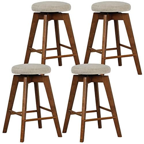 COSTWAY Bar Stools Set of 4, 26-inch Counter Height Swivel Bar Chairs w/Rubber Wood Legs, Linen Fabric Seat & Extra Footrest, Modern Backless Barstools for Kitchen, Pub, Dining, Beige + Brown