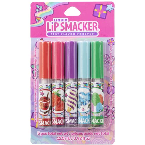 Lip Smacker Original & Best Holiday Christmas Flavored Lip Gloss Party Pack, Holiday Punch, Icy Strawberry, Plumcicle, Aquamarine Magic, Gumdrop