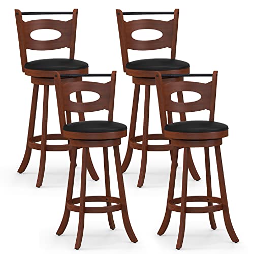 COSTWAY Bar Stools Set of 4, 24Ó Swivel Bar Height Bar Stools with Curved Backrest & Round Seat Cushions, Extra Footrests & Anti-Slip Foot Pads, for Kitchen Islands, Brown (4, 30 inch)