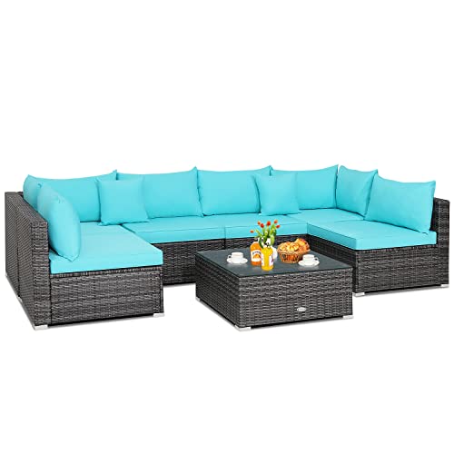 COSTWAY 7PCS Patio Rattan Furniture Set Sectional Sofa Cushioned Turquoise