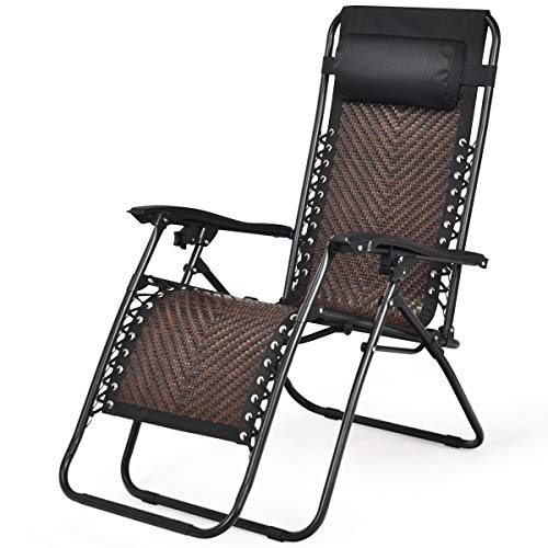 COSTWAY Patio Rattan Zero Gravity Lounge Chair Chaise Folding Recliner W/Headrest Brown