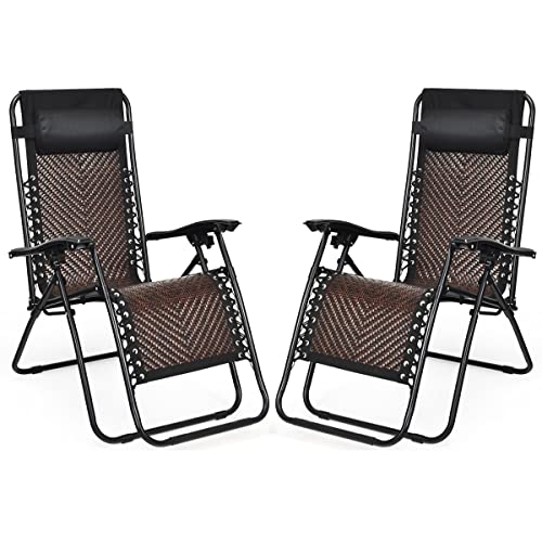 COSTWAY 2PCS Patio Rattan Zero Gravity Lounge Chair Folding Recliner Headrest Brown