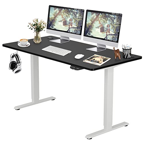 COSTWAY Dual Motor Electric Stand Up Desk, Height Adjustable Standing Desk w/Solid One-Piece Desktop & Memory Controller, Home Office Sit-to-Stand Computer Workstation (White + Black, 55''X28'')