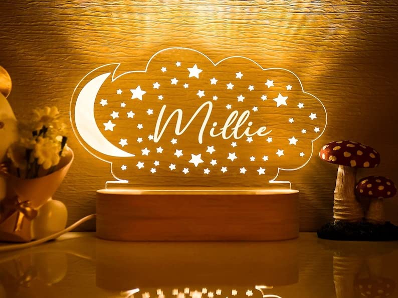 Night Light Personalized with Moon & Stars,Nursery Decor,Custom Name Light Night Gift,Kids Room Decor,Personalized Birthday Gifts for Kids