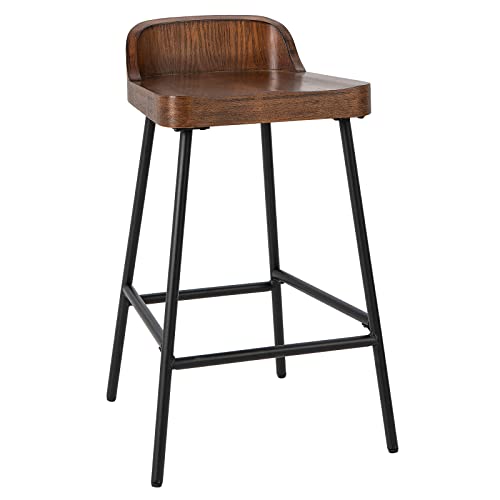 COSTWAY Bar Stool, 24.5-Inch Height Industrial Pub Stool with Backrest and Footrest, Metal Legs, Low-Back Breakfast Counter Height Chair for Living Room Kitchen Bar, Rustic Brown & Black