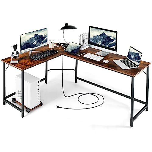 COSTWAY L-Shaped Desk with CPU Stand, 66 Inch Wooden Top Space-Saving Corner Desk w/Metal Frame, Large Computer Gaming PC Desk, Writing Table Study Desk for Bedroom, Study, Office (Rustic Brown)