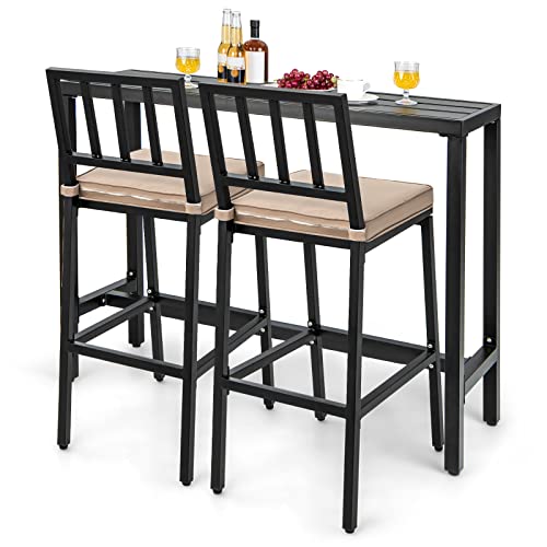 COSTWAY 3 Piece Outdoor Patio Bar Set, 48" Rectangular Pub Height High Top Bar Table with 2 Cushioned Bar Stools, Metal Bar Table and Chairs Set for Balcony, Backyard, Porch