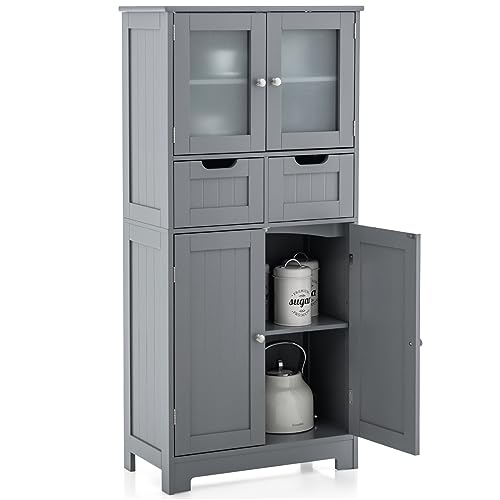 COSTWAY Tall Bathroom Storage Cabinet, Freestanding Storage Organizer with Glass Doors, 2 Drawers and 2 Adjustable Shelves, Wooden Linen Floor Cabinet for Bathroom, Living Room, Kitchen (Grey)