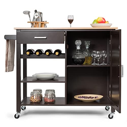 COSTWAY Kitchen Storage Island Cart on Wheels, Kitchen Trolley Cart with Wine Rack, Shelves and Towel Rack, 360¡Wheels & Detachable Tray, Kitchen Island for Dining Room, Living Room & Bedroom (Brown)