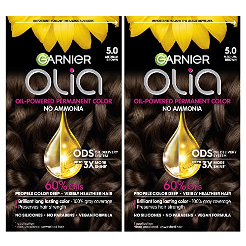 Garnier Hair Color Olia Ammonia-Free Brilliant Color Oil-Rich Permanent Hair Dye, 5.0 Medium Brown, 2 Count (Packaging May Vary)