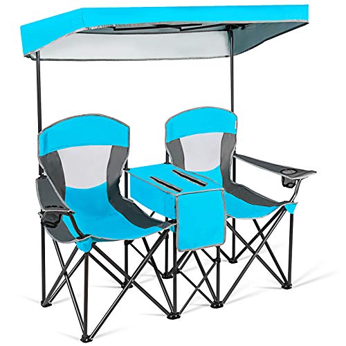 COSTWAY Portable Folding Camping Canopy Chairs w/Cup Holder Cooler Outdoor Blue