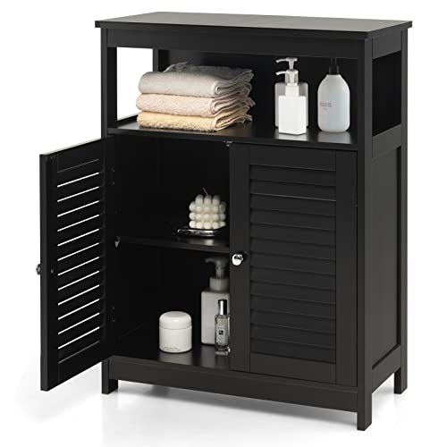 COSTWAY Bathroom Storage Cabinet, Wooden Side Storage Organizer with Louver Doors & Removable Shelf, Freestanding Floor Cabinet for Living Room, Kitchen, Entryway (Black)