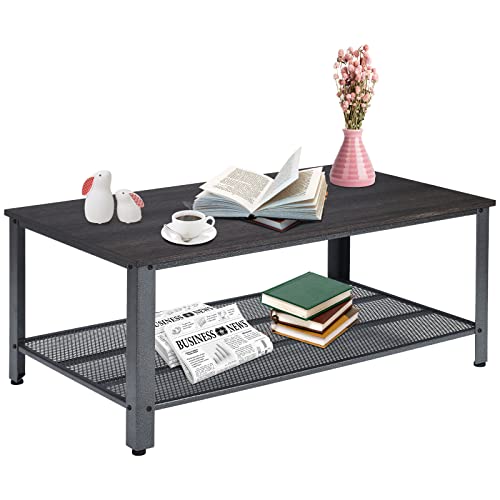 COSTWAY Industrial Coffee Table with Storage Shelf, 2-Tier Vintage Central Entertainment Console Table, Retro Accent Cocktail Tea Table for Living Room Office, Easy Assembly (Grey)