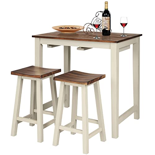 COSTWAY 3 Pieces Dining Set, Counter Height Pub Table Set with 2 Saddle Stools, Industrial Wood Breakfast Table Set for Bar, Kitchen, Living Room, Restaurant