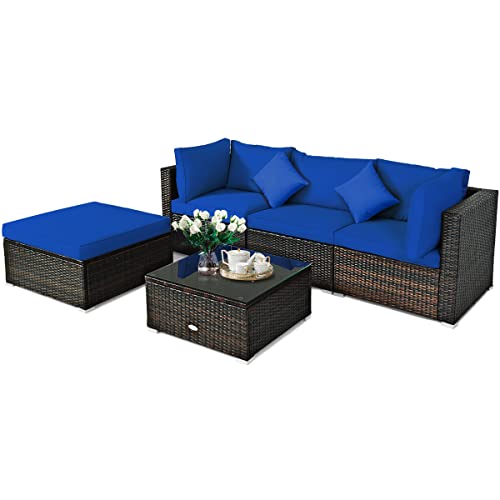 COSTWAY 5PCS Outdoor Patio Rattan Furniture Set Sectional Conversation W/Navy Cushions