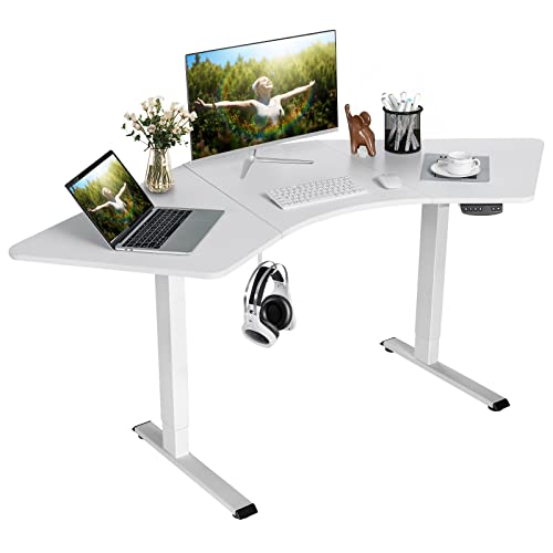 COSTWAY Dual-Motor L Shaped Standing Desk, Ergonomic Sit Stand Computer Workstation with Hook & Cable Tray, Touch Control Panel, Electric Height-Adjustable Corner Desk for Home Office (White)