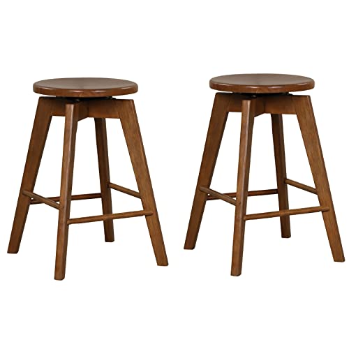 COSTWAY Vintage Bar Stools Set of 2, 24.5-inch Counter Height 360¡ Swivel Backless Bar Chairs with Footrest, Rubber Wood Frame, Non-Slip Foot Pads, Barstools for Kitchen Island Dining Room Pub, Brown