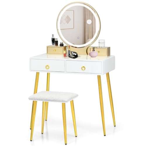 COSTWAY Vanity Table Set with Mirror and Lights, Makeup Dressing Table w/ 3 Color Lighting Modes & Adjustable Brightness, Vanity Mirror with Desk and Cushioned Stool for Women Girls (White & Gold)