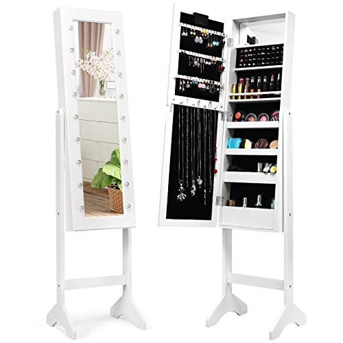 COSTWAY Jewelry Armoire with 18 LED Lights, Standing Jewelry Organizer Cabinet with Full-length Mirror & Built-In Mirror, Large Storage Capacity Jewelry Cabinet for Bedroom, Dressing Room (White)