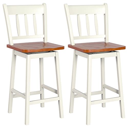 COSTWAY Bar Stools Set of 2, 24.5 Inch Solid Rubber Wood Bar Chairs with 360 ¡Swiveling, Footrest, Swivel Counter Height Barstools with Back Ideal for Kitchen Island, Counter, Pub(Set of 2, White)