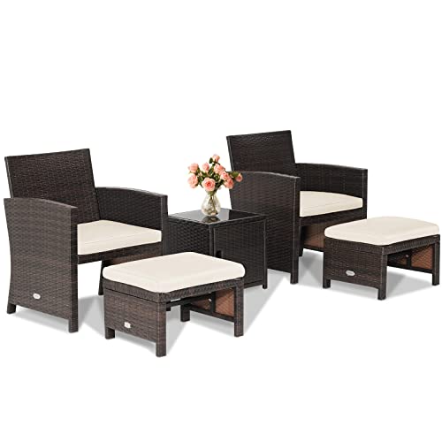 COSTWAY 5PCS Patio Rattan Furniture Set Ottoman Cushioned W/Cover Space Saving Off White