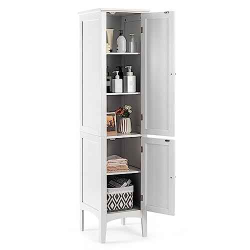 COSTWAY Tall Bathroom Storage Cabinet, 5-Tier Freestanding Linen Tower Cabinet with 2 Doors, Wooden Side Storage Organizer, Narrow Slim Floor Cabinet for Bathroom, Living Room, Kitchen (White)