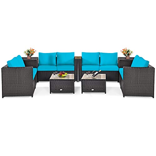 COSTWAY 8PCS Outdoor Patio Rattan Furniture Set Cushion Loveseat Storage Table Turquoise