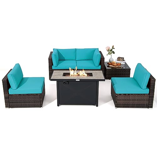 COSTWAY 6PCS Patio Furniture Set Rattan Cushioned Gas Fire Pit Table Turquoise