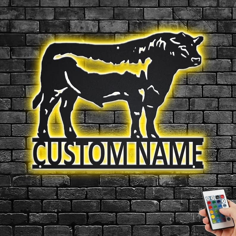 POLOMANOR Custom Black Angus Bull Metal Wall Art With LED Light V2, Personalized Angus Bull Name Sign Decoration For Room, Angus Bull Metal LED Decor