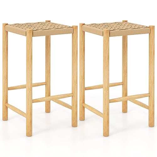 COSTWAY Counter Height Wooden Stools Set of 2, Rustic 26-inch Dining Stools with Rubber Wood Frame and Woven Paper Seat, Cozy Indoor/Outdoor Saddle Chairs for Kitchen Island, Dining Room, Backyard